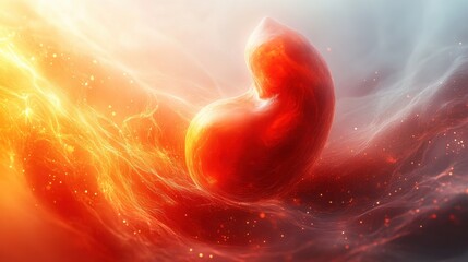 Abstract artistic interpretation of a human organ with vibrant hues of orange, blue, and red in a fluid, ethereal design. A modern visualization blending anatomy and creative abstraction 