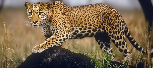 Naklejka premium Powerful Leopard Stalking Prey on a Rock in the African Savanna, Wildlife Photography