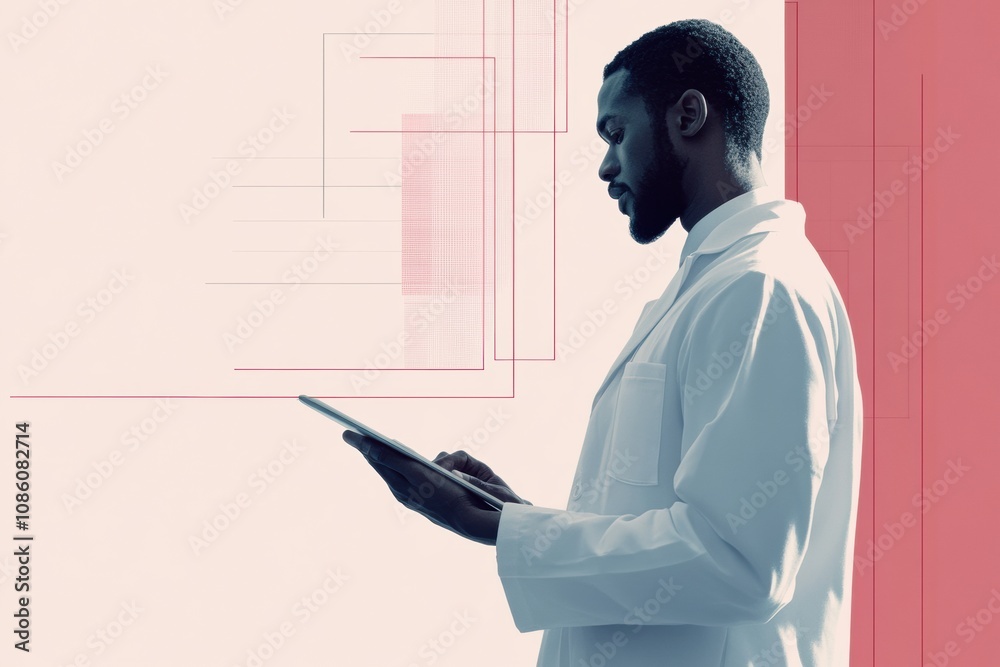 Aufkleber a doctor in a white coat is focused on a digital tablet in a sleek and modern medical environment du