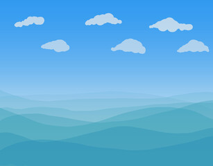 Light green sea waves. White clouds and blue sky above the water surface. Wallpaper design, background, abstract, cartoon