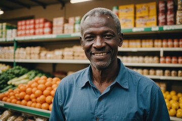 Close portrait of a smiling senior Nigerien male grocer standing and looking at the camera, Nigerien grocery store blurred background