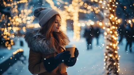 Young woman is holding a hot drink at a Christmas market while snow is falling