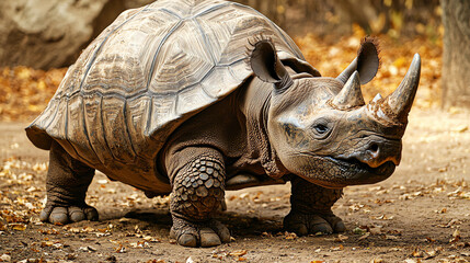Obraz premium A unique creature combining the features of a rhinoceros and a tortoise exploring its environment on a sunny day
