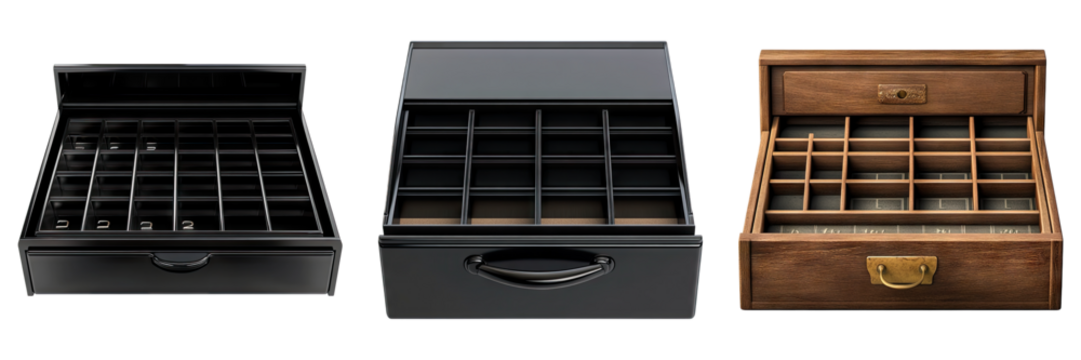 Cash register drawer isolated on transparent background, Set of