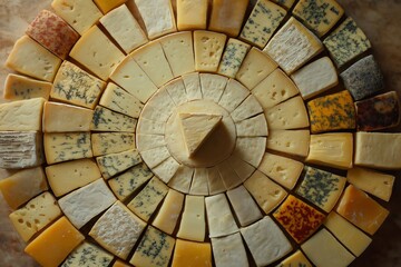 Naklejka premium Cheese wheel pattern made with different varieties of cheese forming a circle around a single cheese triangle