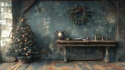 stone wall in colonial tavern room with rustic table, Christmas tree next to table, on top of table are pewter plates pewter beer mugs and ceramic pitcher, nothing on the wall, blank wall 