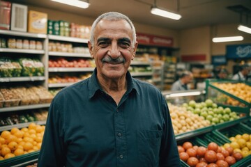 Close portrait of a smiling senior Palestinian male grocer standing and looking at the camera, Palestinian grocery store blurred background