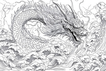 Obraz premium Coloring page of mystical sea serpent emerging from stormy waves, simple line art.