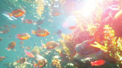 Fototapeta premium Vibrant Cambrian Underwater Landscape with Colorful Fish and Coral Structures - Ultra-Detailed 3D Render of Early Marine Life