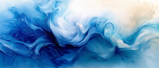 Painting of a wave with blue and white colors. The painting has a calming and serene mood, as the blue and white colors evoke a sense of tranquility and peace. The brushstrokes are loose and fluid