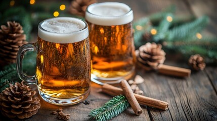 Fototapeta premium Warm Rustic Celebration with Beer and Pinecones in Cozy Setting