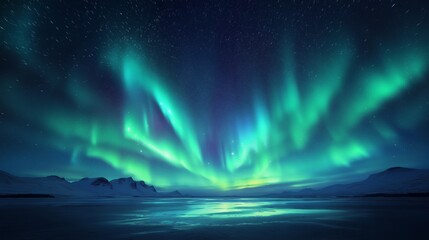 The sky is filled with a beautiful aurora borealis. The sky is dark and the aurora is bright and colorful