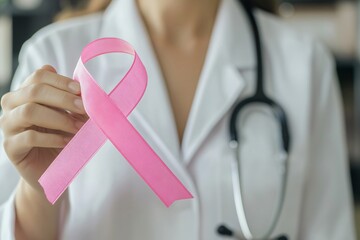 Doctor is holding a pink ribbon, representing breast cancer awareness and support for patients