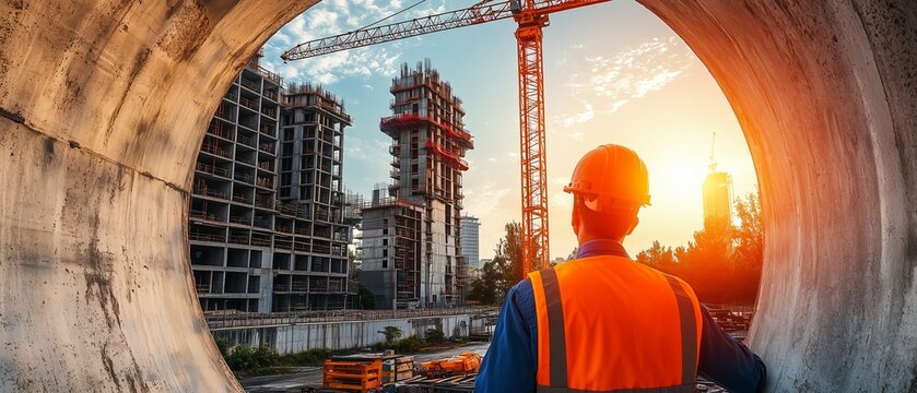 Construction worker stands in front of a building with a crane in the background. The worker is wearing a safety vest and a hard hat. Concept of hard work and dedication to the construction project