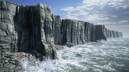 Majestic 3D Render of Cambrian Landscape with Dramatic Cliffs and Ancient Fossils by Turbulent Sea - Ultra-Detailed Digital Artwork Evoking Passage of Time