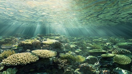 Fototapeta premium Mesmerizing Cambrian Reefs: 3D Render Panoramic View of Vibrant Marine Life Among Colorful Corals in Sunlight | Ultra-Detailed Underwater Artwork
