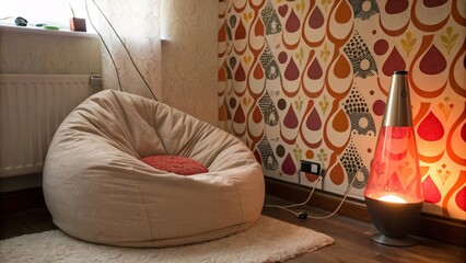 A cozy corner with a bean bag chair, lava lamp, and retro-patterned wallpaper.  