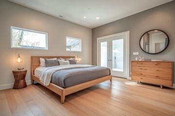 A modern bedroom with light wood floors, gray walls, and walnut furniture. The room features a large bed, a cabinet on the right side
