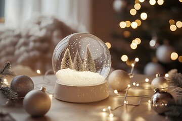 Christmas snow globe is standing on a table surrounded by string lights and ornaments with a Christmas tree out of focus in the background