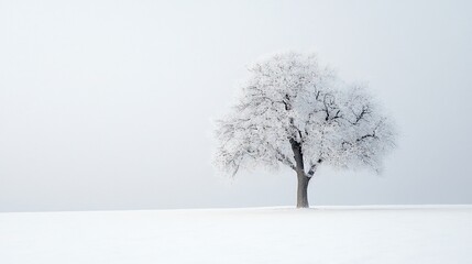 Fototapeta premium Solitary frost-covered tree in snowy field.