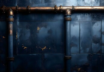 Close-Up View of Old Industrial Pipes Against a Dark Wall with Textured Surface and Rusty Details, Suitable for Background or Design Projects