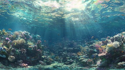Naklejka premium The Enchanting Cambrian Ocean Wonderland - 3D Render Illustration of Vibrant Marine Life and Coral Reefs in Sunlit Waters