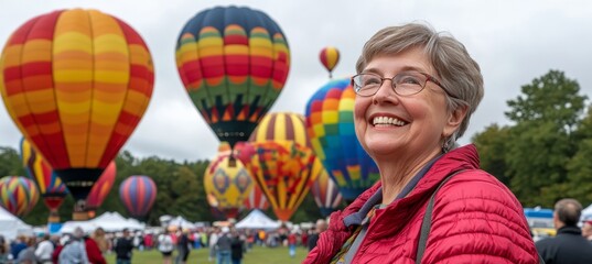 Obraz premium Smiling Senior Woman Enjoys a Colorful Hot Air Balloon Festival, Embracing Life and Adventure