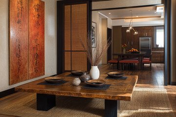 Elegant japanese dining room with traditional low table.