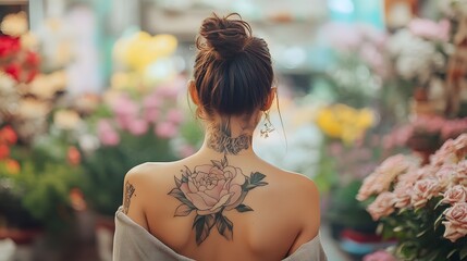 A woman with tattoos on her back and neck standing in flower