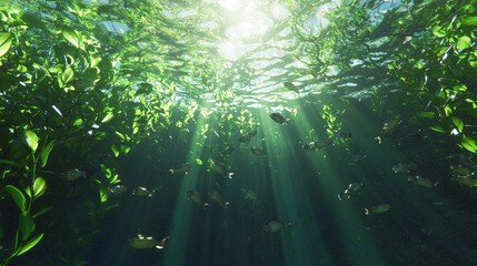 Dynamic Cambrian Ocean Scene with Schools of Fish and Vibrant Seaweed - Ultra-Detailed 3D Render Illustration of Thriving Underwater World
