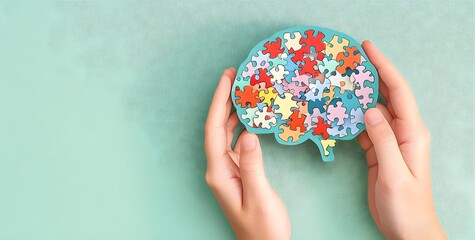 Hands Holding Colorful Puzzle Pieces in the Shape of a Brain, Symbolizing Problem Solving, Creativity, and Cognitive Development on a Soft Green Background