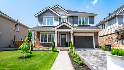 Front view of new house. Modern cottage Houses in suburb. Moving In