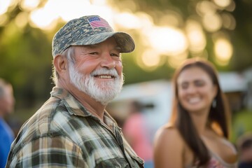 Portrait of a happy senior veteran wearing a patriotic cap and smiling outdoors with his family