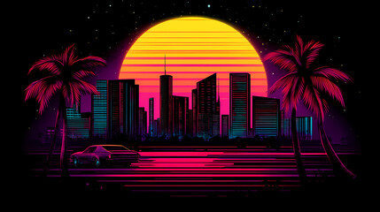 Fototapeta premium Retrowave. sunset with palm trees. city in neon lights. car. car speed on the road in the night city. retro wave neon lights noir tinting colors. futuristic background. Neon Noir. Illustration