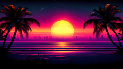 Fototapeta premium Retrowave. sunset with palm trees. city in neon lights. car. car speed on the road in the night city. retro wave neon lights noir tinting colors. futuristic background. Neon Noir. Illustration
