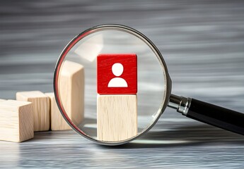 Wooden blocks arranged with a red block displaying an icon of a person, viewed through a magnifying glass, symbolizing focus on individuality and identity exploration.