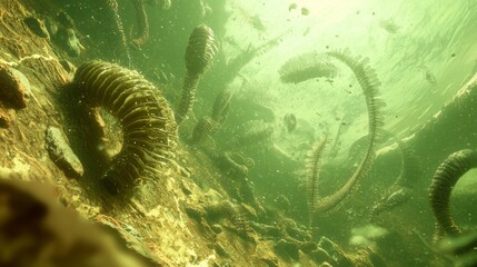 Intriguing Cambrian Explosion: Ultra-Detailed 3D Render of Diverse Underwater Life Amid Swirling Sediment