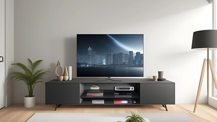 stylish TV stand in a well-lit room, complemented by a large window that adds a touch of elegance to the space.