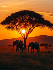 Fototapeta premium elefant, safari, afrika, savanne, abendrot, elefant, tier, silhouette, safari, baum, natur, landschaft, vektor, sonne, wild, wild lebende tiere, elefant, himmel, tier, abbildung, orange, black, savann