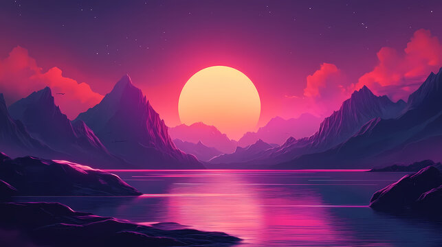 Beautiful landscape with mountains. trendy neon synth wave background with sunset sky. retro style. Neon Noir. Illustration