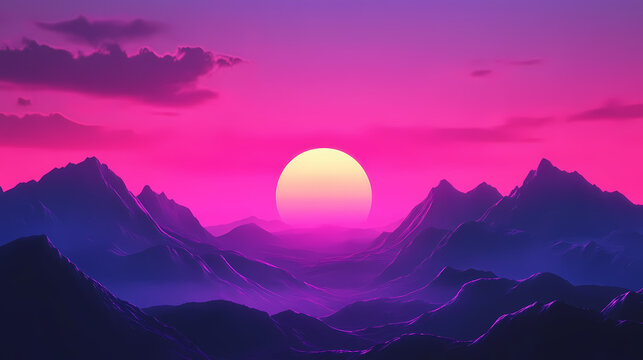Beautiful landscape with mountains. trendy neon synth wave background with sunset sky. retro style. Neon Noir. Illustration