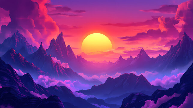 Beautiful landscape with mountains. trendy neon synth wave background with sunset sky. retro style. Neon Noir. Illustration