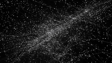Numerous thin, straight lines intersect and connect small, bright dots scattered across a dark, black background