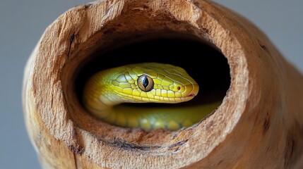 Fototapeta premium Green snake peering from a wooden log.