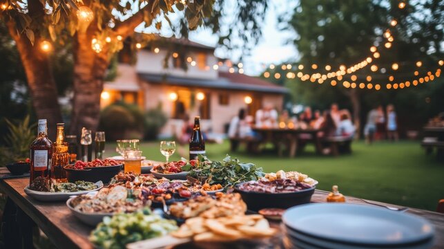 Outdoor Dinner Party with Spread of Food and Drinks