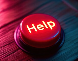 Glowing red help button on a wooden surface, symbolizing emergency assistance and quick support access.