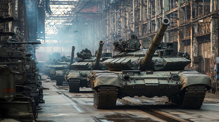 Advanced Russian arms manufacturing facility showcasing modern tanks and military vehicles in a large industrial setting