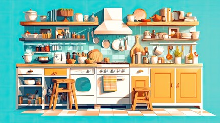 Obraz premium A bright and colorful kitchen interior featuring shelves filled with plants, dishes, and utensils, designed for cooking and meal preparation in a modern home