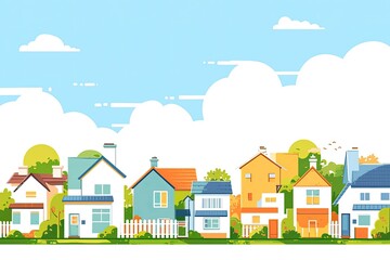 A vibrant neighborhood with charming houses and lush gardens on a sunny day under a bright blue sky