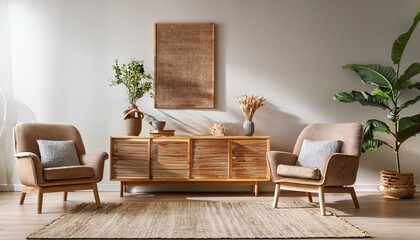 Home living room interior with two armchairs and sideboard, shelf with decor